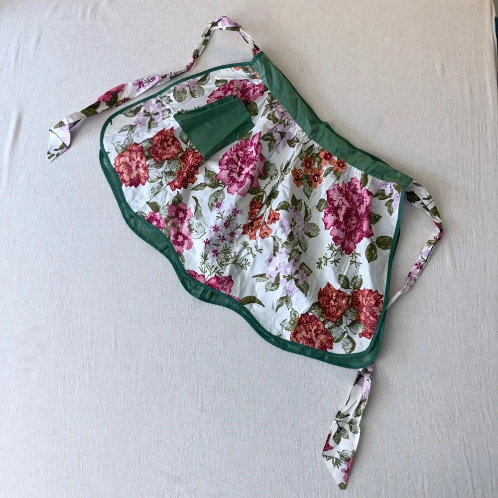 Vintage Reversible Floral Half‎ Apron Green Pink White One Size Pocket